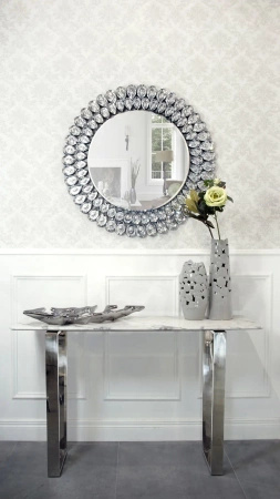 Konsola Madera 36/76/122cm w stylu glamour z białym marmurowym blatem o srebrnym stelażu