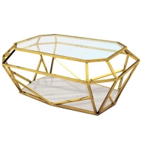 Stolik kawowy glamour Emerald 100/70/41cm złoty ze szklanym i marmurowym blatem